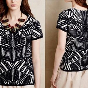 Anthropologie Moth Navy Textured Short Sleeve Top